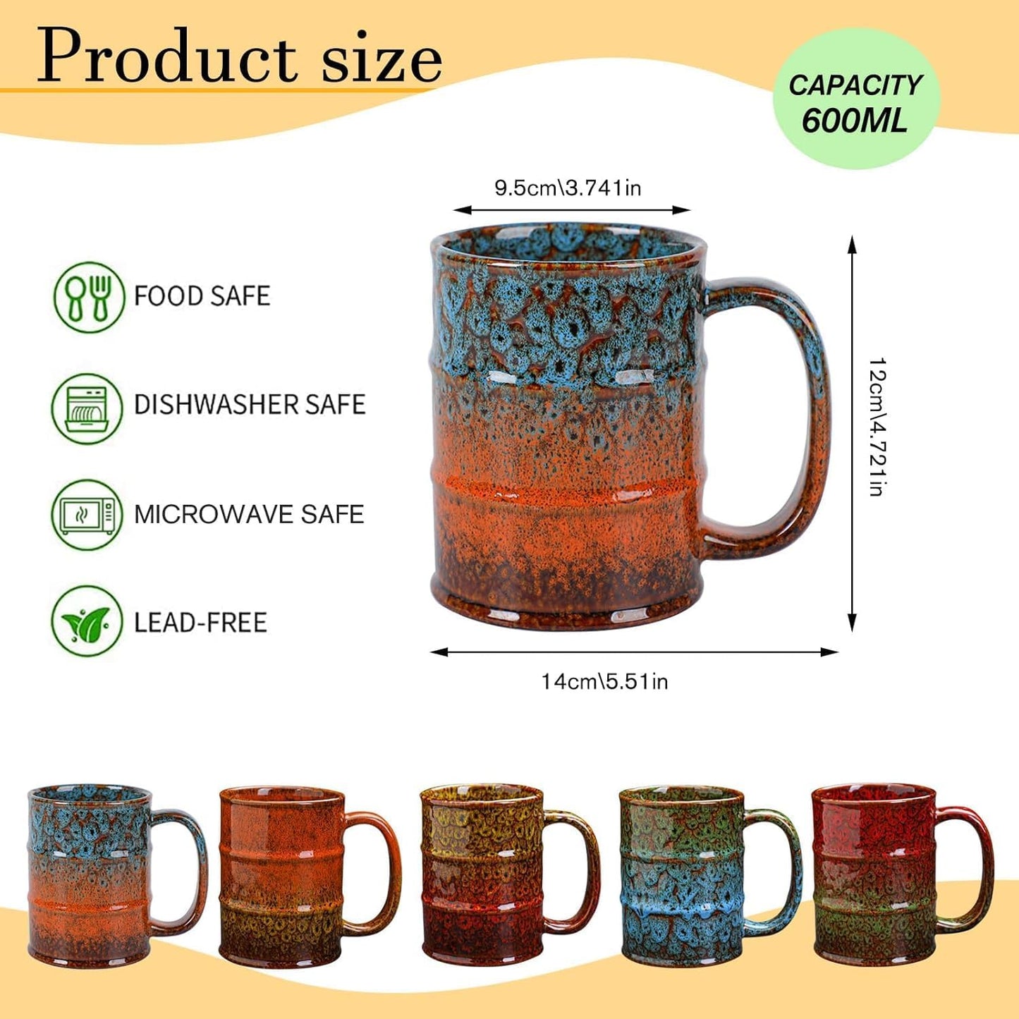 Ceramic 20 oz Tea Cup - Large Coffee Mug for Office and Home - Dishwasher and Microwave Safe (4, Green and Blue)