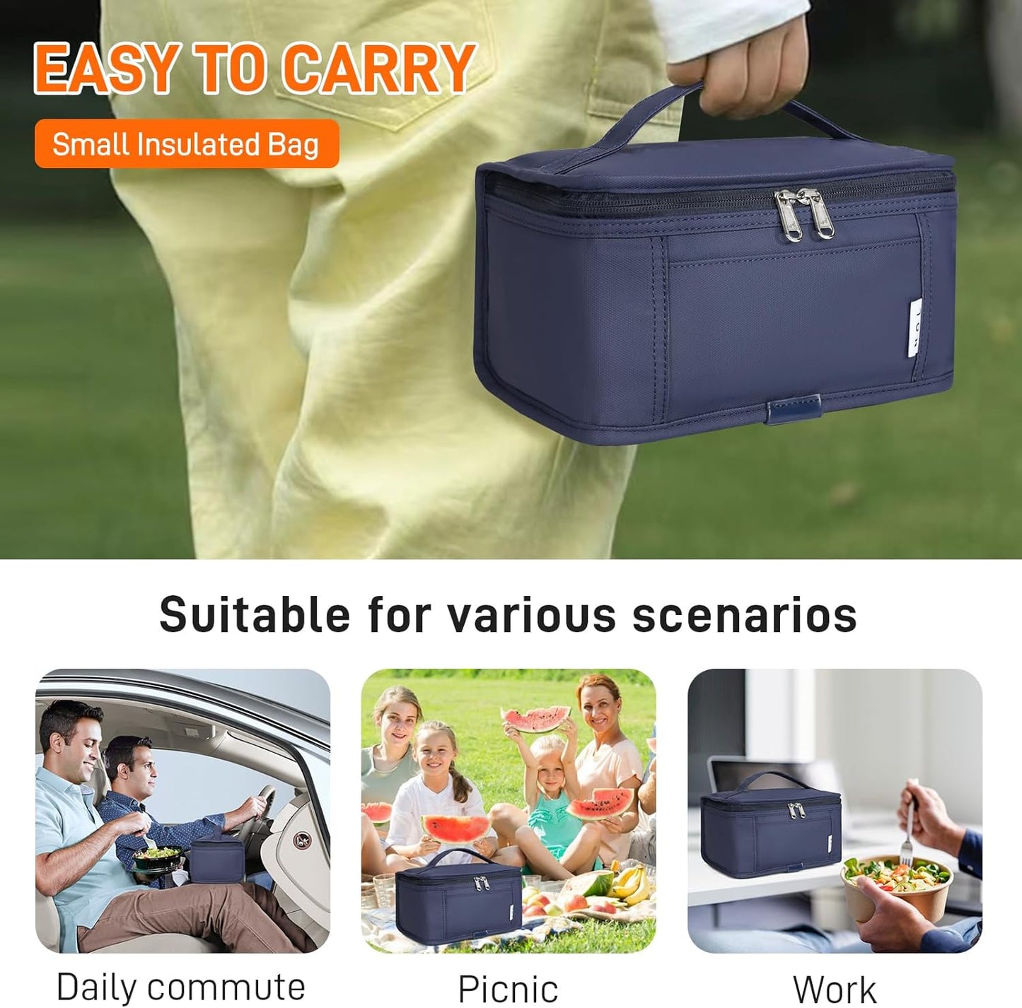 NOL Natural Organic Lifestyle Small Lunch Bag Mini Lunch Box Insulated Lunch Bag for Men/Women Leakproof Cooler Tote Bag Lightweight Nylon Waterproof Lunch Box For Work, Navy blue