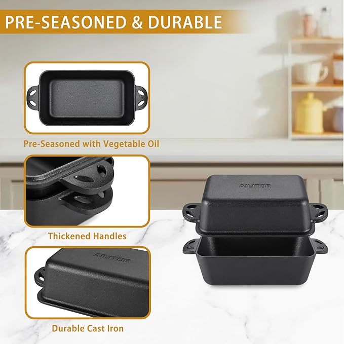 Cast Iron Loaf Pan with Lid 9x5 Inch - Bread Baking Pans for Homemade Bread, 2 Piece Set