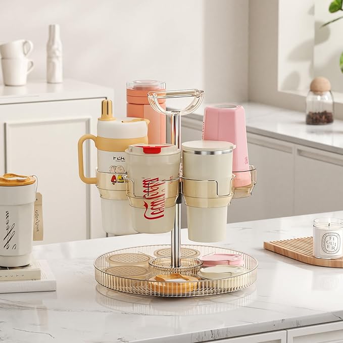 Rotating Stanley Cup Holder, Portable Water Bottle Organizer for 6 Stanley 40 oz & Mug, Adjustable Lazy Susan Organizer for Table Top Cabinet Home Countertop Pantry Shelf Tumbler Lid Organizer