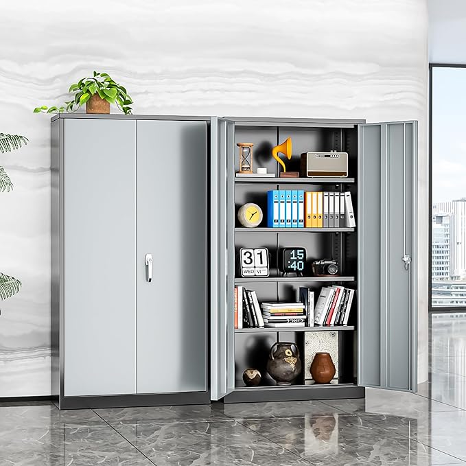 INTERGREAT Metal Storage Cabinets 72” Black Grey Garage Steel Storage Cabinet with Doors and Shelves, Steel File Cabinet for Home Office, Basement, Warehouse, Classroom（Anti Tipping）