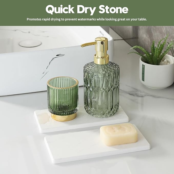 2PCS Diatomite Marble Stone Drying Mat for Kitchen Counter, Water Absorbing Soap Tray Stone Faucet Mat for Bathroom, Quick Dry Splash Guard Sink Protector, Vanity Dish Dispenser Sponge Holder, 8"x3.8"