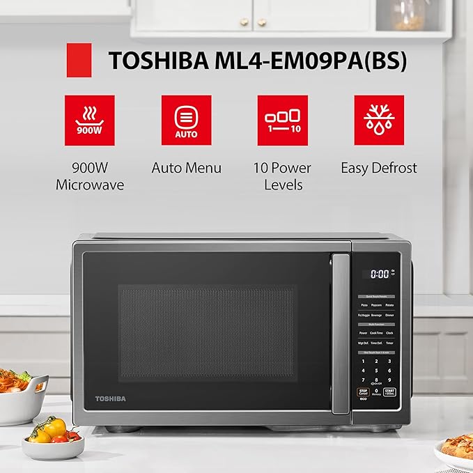 TOSHIBA ML4-EM09PA(BS) Small Countertop Microwave Oven with 6 Auto Menus, Mute Function, Child Lock, Kitchen Essentials for Dorm, 0.9 Cu Ft, 10.6 Inch Removable Turntable, 900W, Black Stainless Steel
