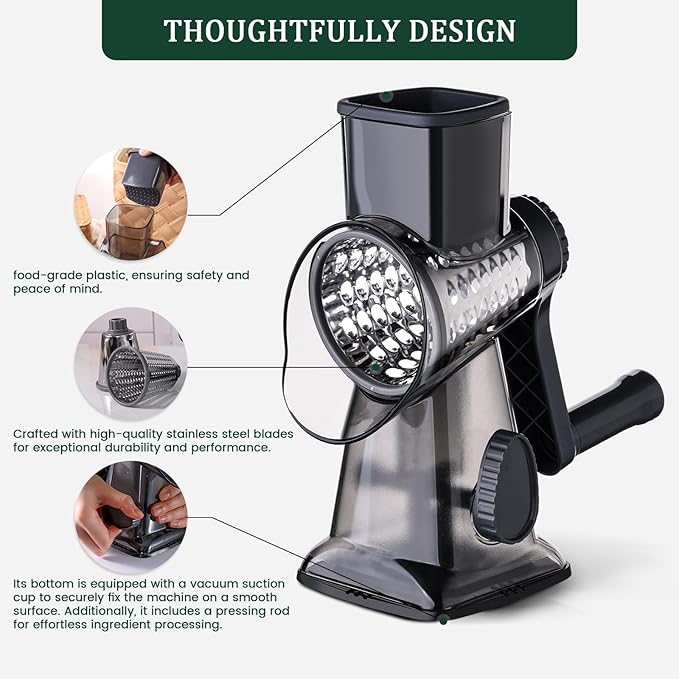 HANSGO Rotary Cheese Grater, Hand Crank Cheese Shredder, Vegetable Slicer for Kitchen, 3 Interchangeable Blades for Potatoes Carrots Onion Zucchini Nuts Chocolate Fruits, Black