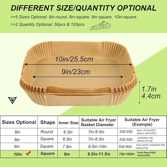 BYKITCHEN Large Air Fryer Liners, Set of 100, 10 Inch Square Air Fryer Liners, XL Airfryer Disposable Paper Liner, Compatible with Corsori, Ninja, Gourmia Airfryer and More