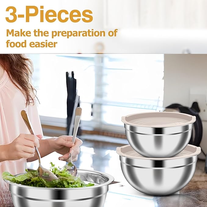TeamFar Mixing Bowls, Stainless Steel Nesting Salad Bowls with Airtight Lids Set, For Serving/Mixing/Storing, Rust-proof & Heavy Duty, Dishwasher Safe, Set of 3-4.6/3 / 1.5 QT, Khaki
