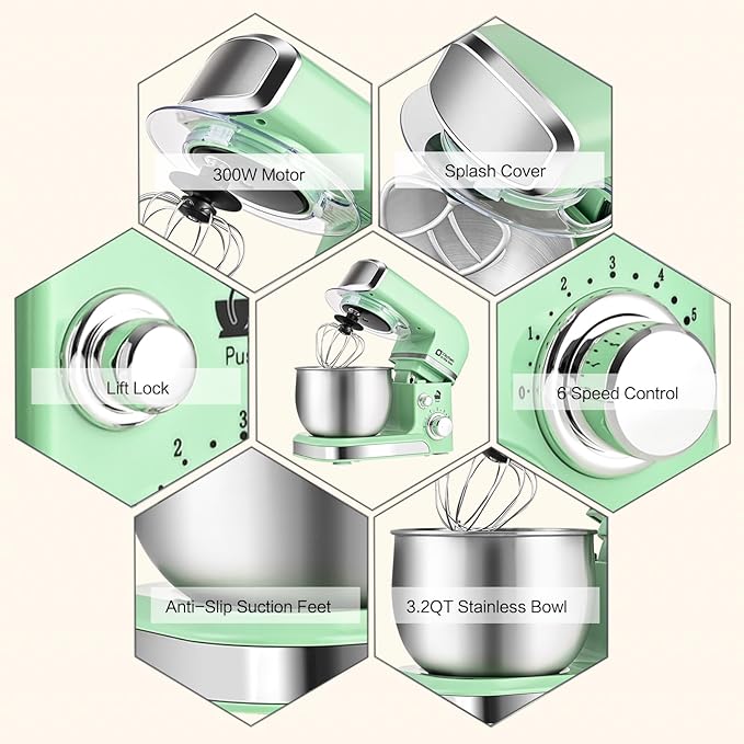 Kitchen in the box Stand Mixer,3.2Qt Mini Electric Food Mixer,6 Speeds Portable Lightweight Kitchen Mixer for Daily Use with Egg Whisk,Dough Hook,Flat Beater (Green)