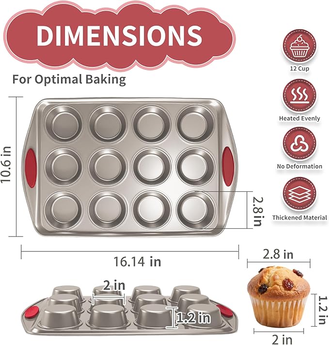 Muffin Cupcake Pans 12-Cup, 2 Packs Nonstick Standard Muffin Tins with Silicone Grip Handles for Baking, Heavy Duty 12 Cheesecake Pan Cup Cake Pans, Non Stick, BPA Free, Dishwasher Safe