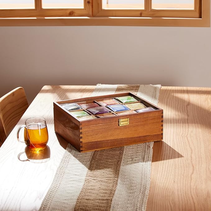 Tea Bag Organizer, Acacia Wood Tea Organizer Box, 12 Compartments Tea Organizer for Tea Bags with Clear Glass Window, Tea Bag Holder for Countertop Kitchen Cabinet Pantry - Keeps Tea Bags Fresh