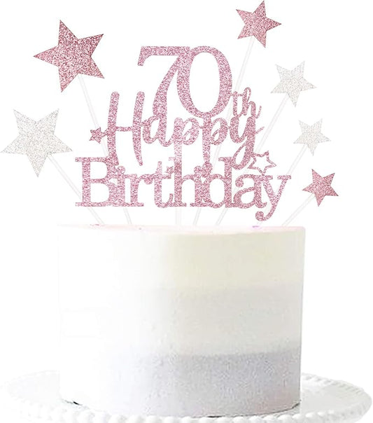 Glittery 70th Happy Birthday Cake Topper with Star,Personalised 70 Birthday Cake Toppers Party Decorations Party Supplies for Men Women Rose Gold