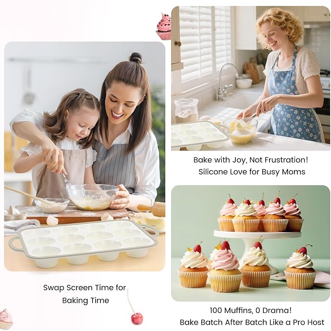 Silicone Muffin Pans for Baking 2 Pack, 2.6 Inch with Metal Reinforced Frame, Regular Size Nonstick Cupcake Pan 12 Cups for Baking Homemade Muffins, Dishwasher Safe BPA Free-Grey