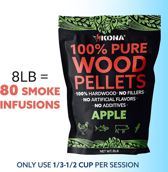 Kona 100% Apple Wood Pellets - Concentrated, Pure, Old Growth Hardwood Grilling Pellets - for BBQ, Smoker Tubes, Grills - 8 lbs 100% Apple