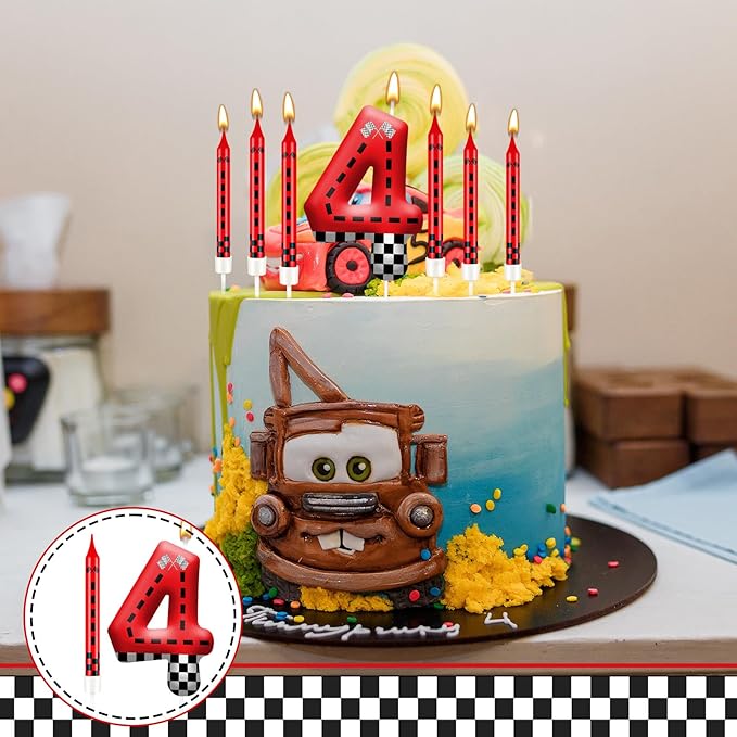 13PCS Racing Car Theme Birthday Candle Set with Checkered Flag Design - Durable Cake Topper for Race Car Party Decorations, Kids Birthday Supplies - Number 4 Candle for Racing-Themed Celebrations