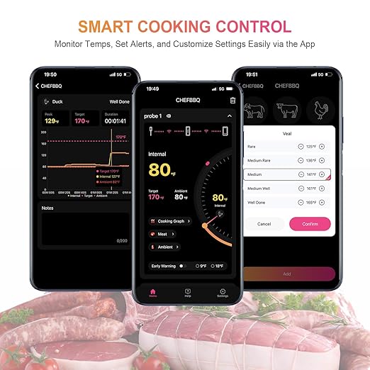 Wireless Smart Meat Thermometer with Dual-Sensor Probe, 500FT Remote Monitoring, Dedicated App, Real-Time Ambient and Food Temperature Tracking for Precise Cooking Control