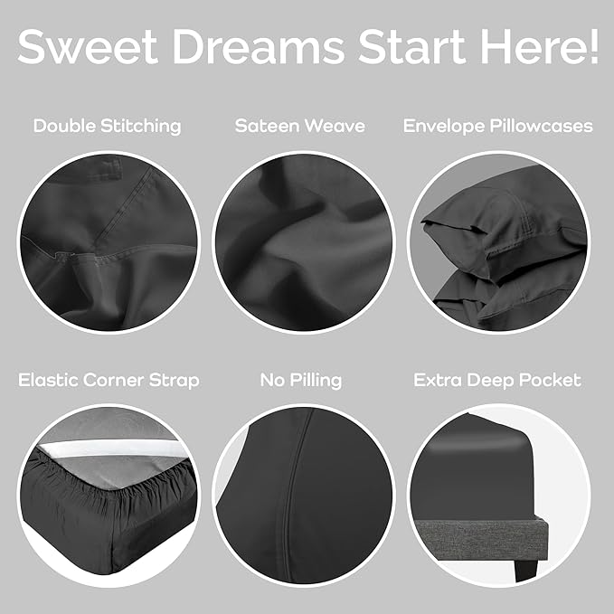 100% Viscose from Bamboo Sheets King Size, Super Soft King Bed Set, 4PC Cooling Sheets for Hot Sleepers, Organically Grown Bedding Sheet, King Size Sheet Set - Charcoal - 76" x 80"