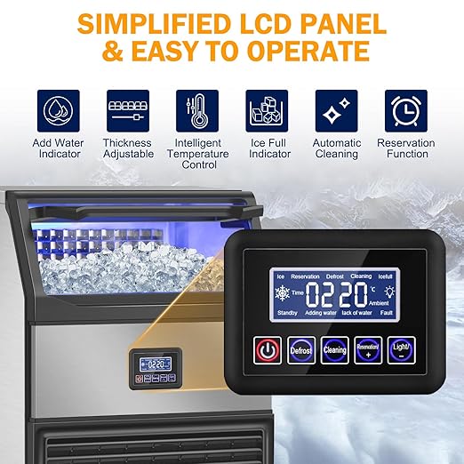 Ice Maker Machine Commercial, 240Lbs/24H with 75Lbs Storage Bin, 80Pcs Ice Cubes 8Mins, Freestanding Large Ice Machine with Water Filter and Ice Scoop for Restaurant Bar Home Office