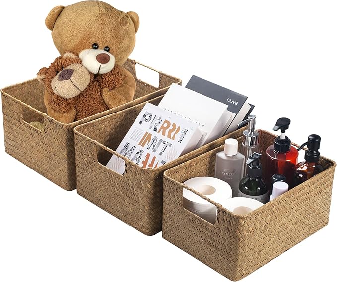 YANGQIHOME Wicker Baskets, [Set of 3] Woven Baskets for Storage, Seagrass Storage Baskets for Organizing with Built-in Handles, Open Storage Bins, Multisize, Natural