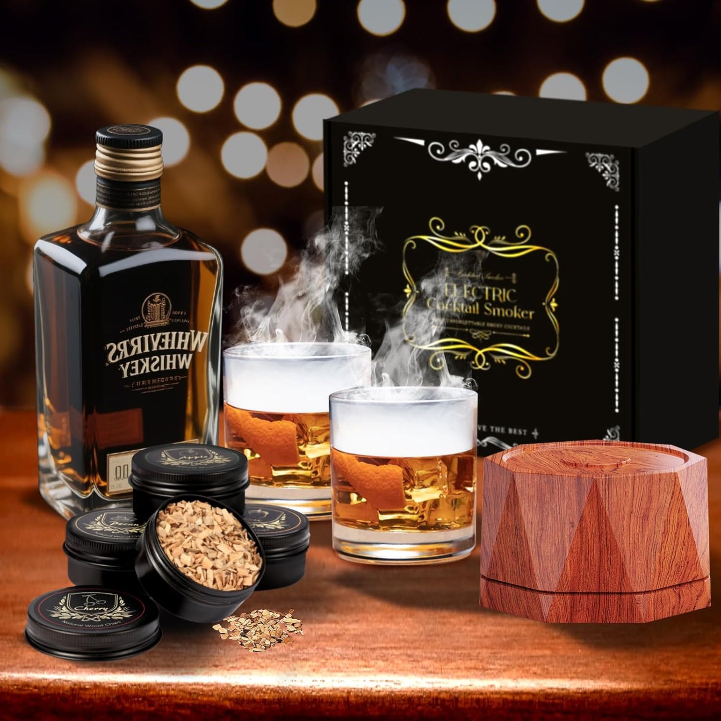 Electric Whiskey Smoker Kit with 4 Wood Chips,2 Whisky Stones,Cocktail Smoker Kit Built-in Lighter, No Butane Needed,Old Fashioned Drink Smoker Kit, Bourbon Whiskey Gifts for Men,Dad,Husband