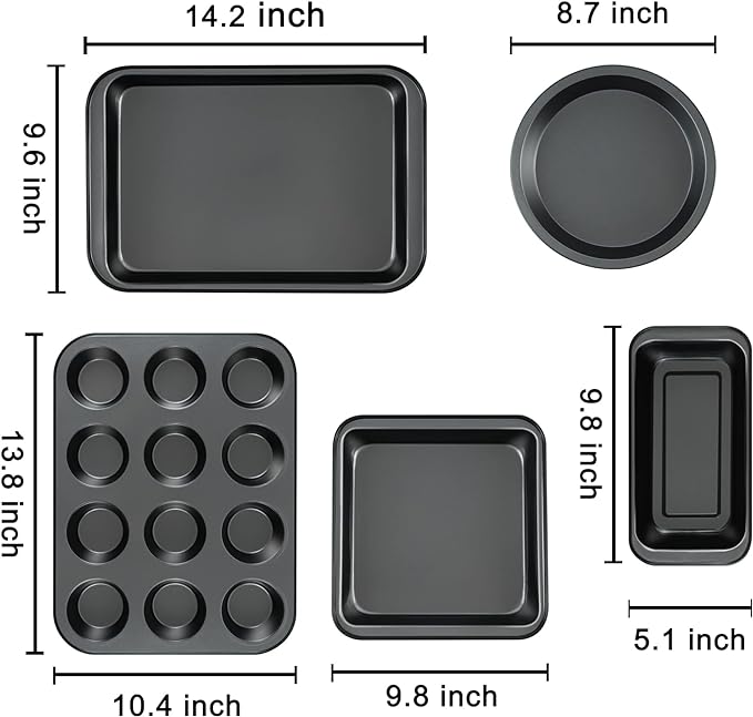 Kitchen 5-Piece Nonstick Bakeware Set - Round/Square Cake Pans, Muffin Pan, Loaf Pan, Roast Pan & Baking Sheets