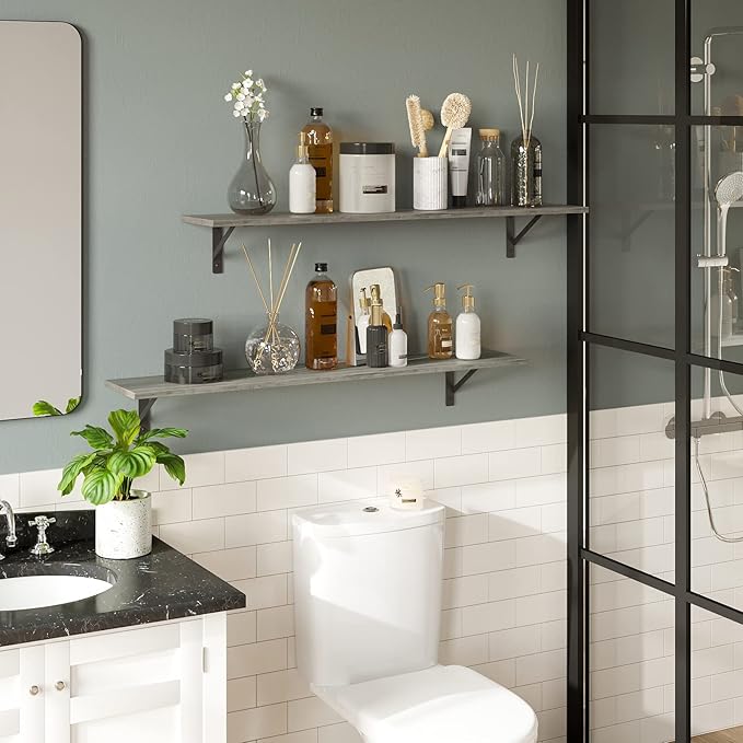 DINZI LVJ Long Wall Shelves, 39.4Inch Wall Mounted Shelves Set of 2, Easy-to-Install, Wall Storage Ledges with Sturdy Metal Brackets for Living Room, Bathroom, Bedroom, Kitchen, Grey Wash