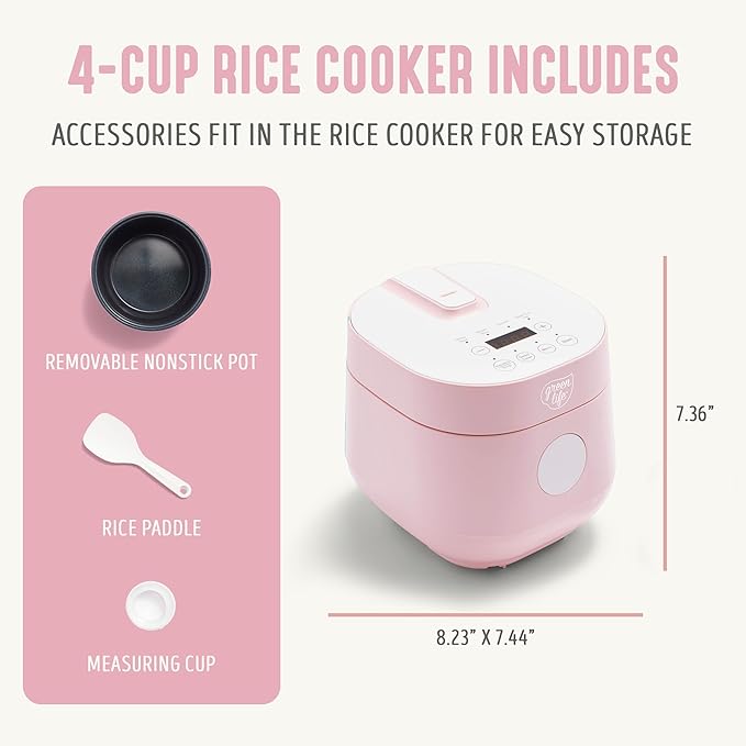 GreenLife Digital Rice Cooker, 2-Cups Uncooked/4-Cups Cooked, Removable Nonstick Ceramic PFAS-Free Pot, One-Touch Presets, Oats, Quinoa, Brown Rice, Auto Keep Warm, Fuzzy Logic Tech, 1.5 QT, Pink