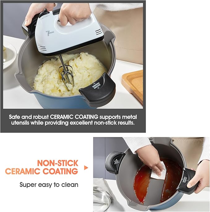 ACTIV CUISINE 5qt Pasta Pot with Strainer Lid, Cast Aluminum Stockpot Multipot, Nonstick Ceramic Coating make Cleanup easy with Tempered Glass Lid, Dishwasher Safe, Induction, Blue