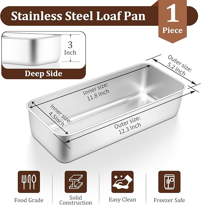 TeamFar Loaf Pan, 12 x 5 Inch Stainless Steel Loaf Pans for Baking Bread, Large Bread Loaf Baking Pan for Homemade Bread, Meatloaf, Cake, Brownies, Non-Toxic, Heavy-duty, Oven & Dishwasher Safe