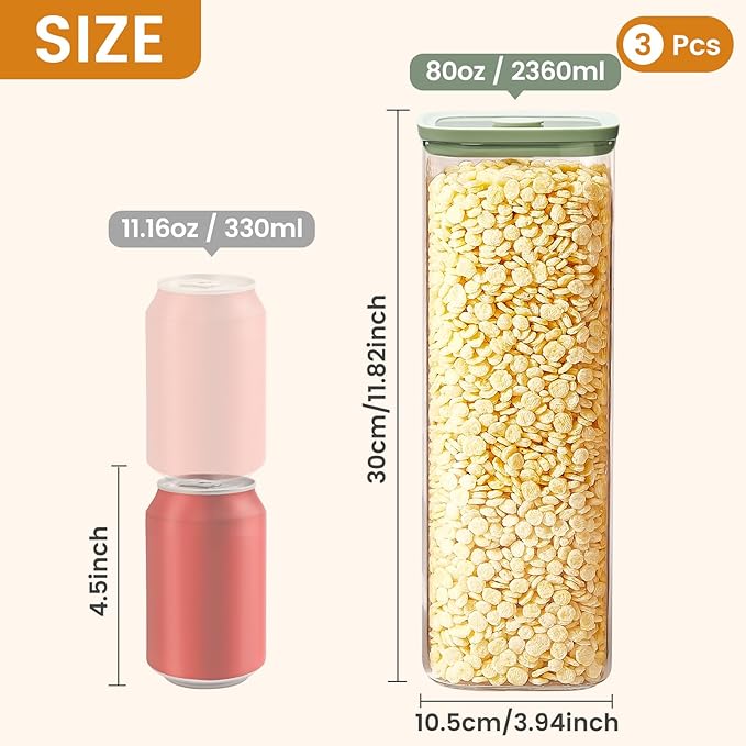 Square Glass Food Storage Jars with Lids[Set of 3], Perfect for Pasta, Cookies, Nuts, Coffee, Cereal, Flour, Organize Your Kitchen with these BPA-Free Glass Jars with Silicone Lids