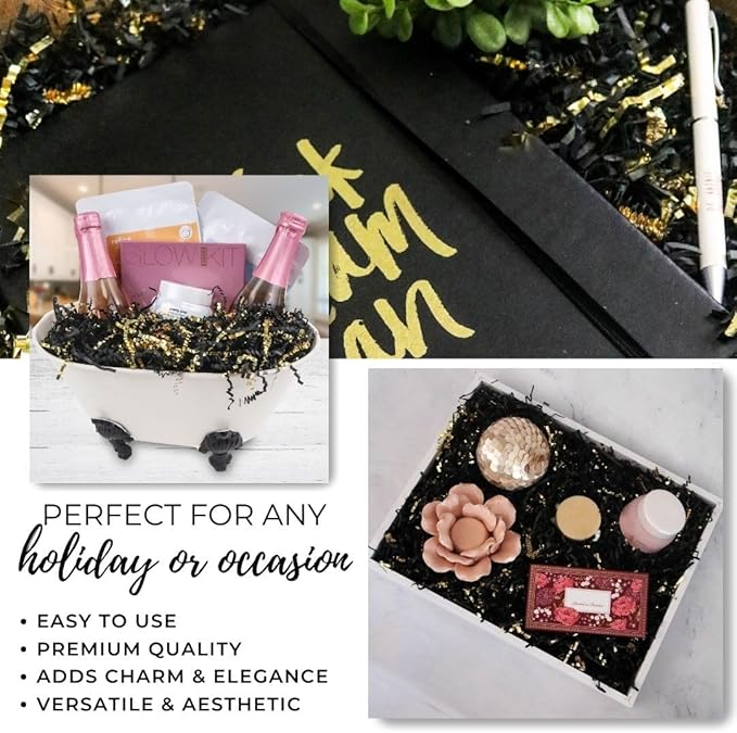 MagicWater Crinkle Cut Paper for Gift Baskets - 2LB - Black & Gold - Perfect for Shredded Paper Filler, Basket Filler, Gift Boxes, Bridesmaid Gifts, Halloween Stuffers & More – Ideal for All Occasions