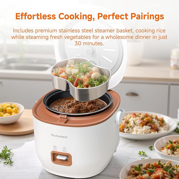 Brown Mini Rice Cooker Small 1 Cup-2 Cup Non-Stick Coated Insert Food Steamer Kitchen Appliances Includes Vegetable Steamer