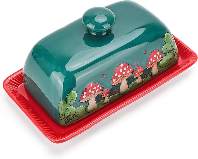 Fungi Fun Mushroom Butter Dish With Lid For Countertop Ceramic Butterdish, Red Mushroom Butter Container, Butter Tray Large Butter Dish Covered (Dark Green, Standard)