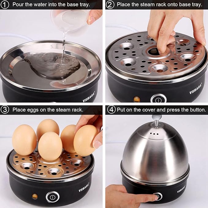 VOBAGA Electric Egg Cooker, Rapid Egg Boiler with Auto Shut Off for Soft, Medium, Hard Boiled, Poached, Steamed Eggs, Vegetables and Dumplings, Stainless Steel Tray with 7-Egg Capacity (Black)