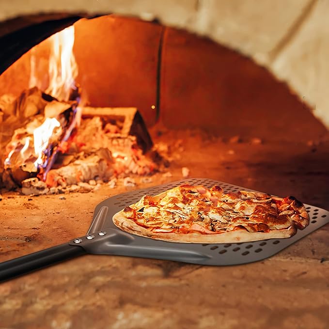 G.a HOMEFAVOR 4-Piece Pizza Oven Accessories, 12-Inch Perforated Pizza Peel, 9-Inch Round Turning Pizza Peel, Pizza Oven Cleaning Brush and Ash Rake for Professional Chef or Pizza Lover