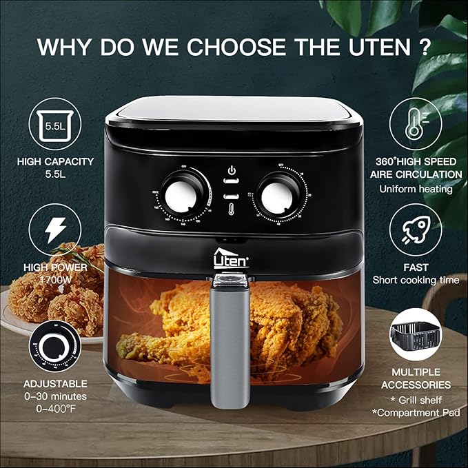 Air Fryer 5.8Qt/5.5L - Uten Electric Airfryer with Temperature Control, Timer, Non-Stick Fry Basket, 1700W High-power, Fast Oven Oilless Cooker, Dishwasher Safe - A Great Kitchen Assistant