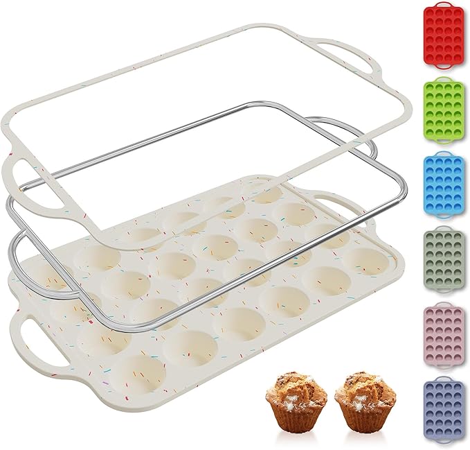 24 Cups Silicone Muffin Pan with Metal Reinforced Frame Mini Size Cupcake Pan Tray Egg Bites Silicone Circle Cookie Molds Muffin Tin Tart Pans Non Stick Toxic Oven Safe Baking Sheet Set