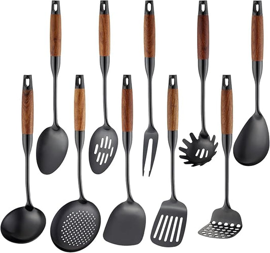 Stainless Steel Kitchen Utensils Set with Wood Handle, 18/10 Metal Cooking Utensils Set, 10-Piece - Spatula, Spoon, Ladle, Skimmer, Slotted Turners, Pasta Server, Fork, Masher(Dishwasher Safe)