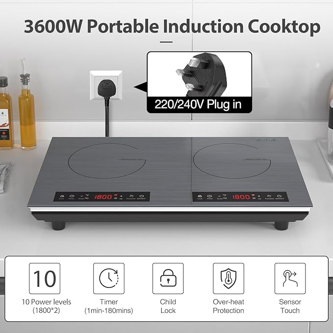 VBGK Double Induction Cooktop, 24 inch 4000W Electric cooktop with hot plate, induction stove top with LED Touch Screen 9 Levels Settings with Child Safety Lock & Timer 110V Induction cooktop 2 burner