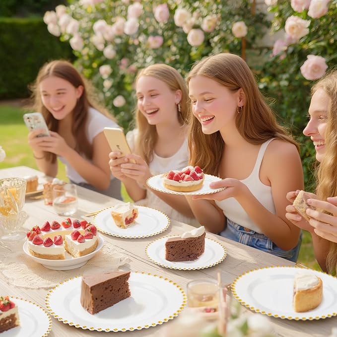 supernal 100pcs White Plastic Plates with Gold Trim Fancy Disposable Plates Includes 50 Plastic Dinner Plate and 50 Dessert Disposable Plate for Party,Wedding,Bridal Shower