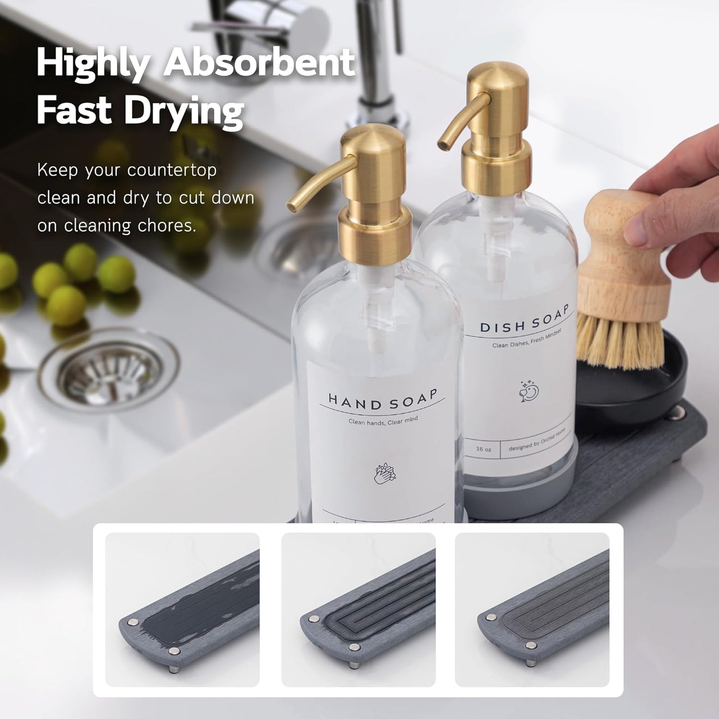 [Luxury] Kitchen Soap Dispenser Set - 16OZ Clear Glass Bottle, Stainless Steel Pump, Instant Dry Tray, Waterproof Labels, Non-Slip Silicone Pad, and Dish Brush | Upgrade for Your Kitchen and Bathroom