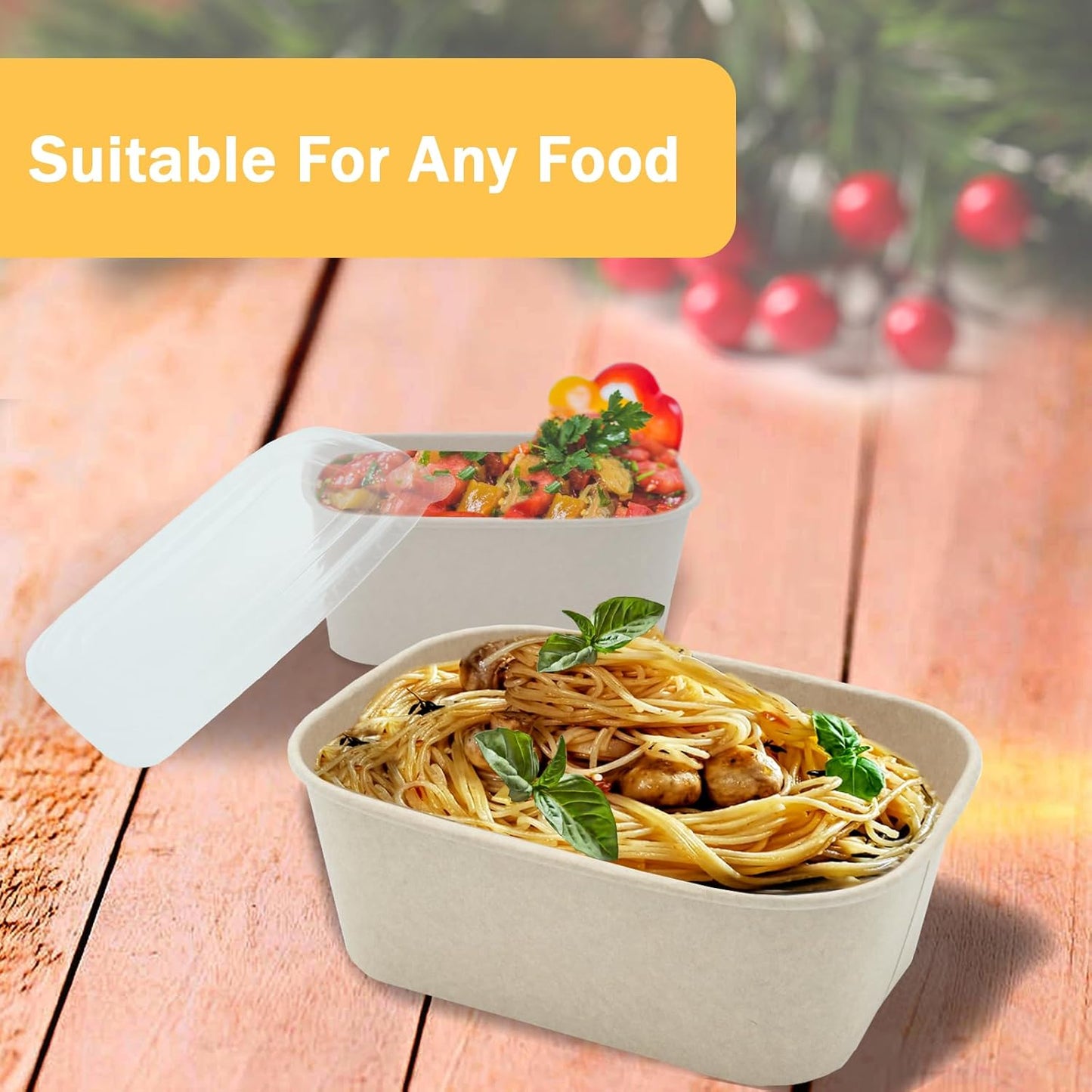 50 Pack 32 OZ Large Paper Bowls with Lids, Heavy Duty Disposable Compostable Container for Party, Disposable Bowls Bulk Soak-Proof and Microwave Safe for Hot/Cold Use