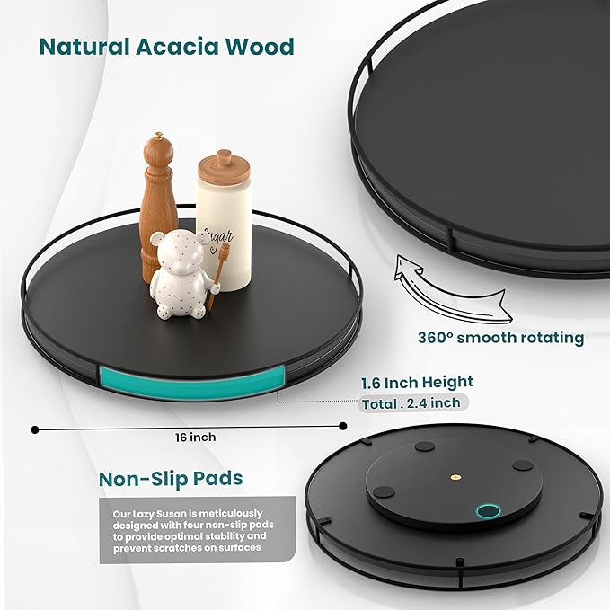 16" Acacia Wood Lazy Susan Turntable with Metal Frame - Large Black Lazy Susans Organizer Countertop Storage - Wooden Serving Tray for Charcuterie Cheese Board - Kitchen Counter Rotating