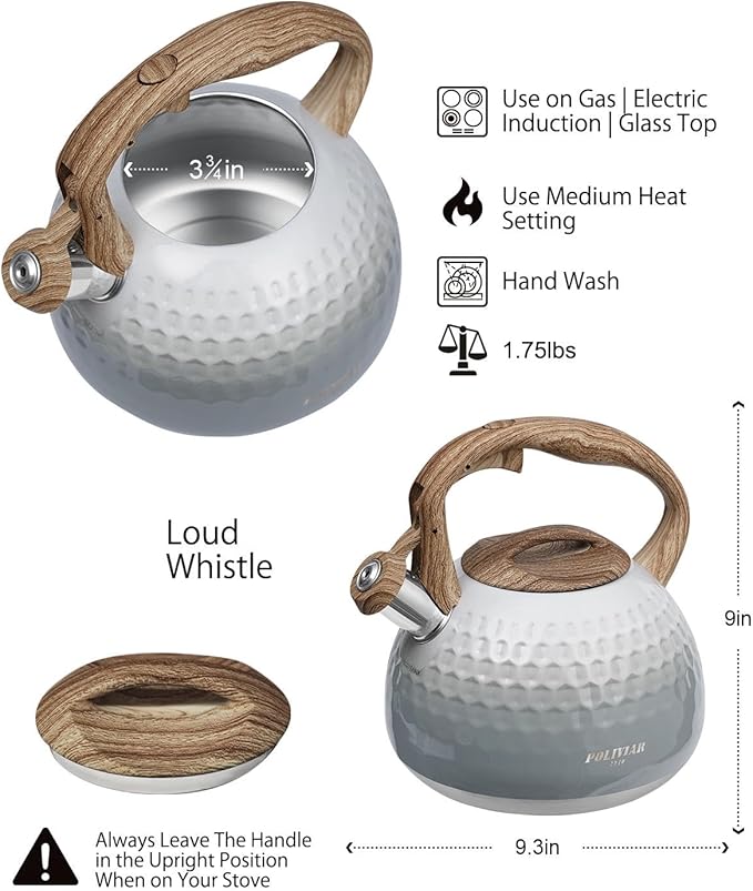 POLIVIAR Tea Kettle, Antique White Stovetop Tea Kettle 2.7 Quart, Audible Whistling Teapot, Food Grade Stainless Steel for Anti-Rust, Anti Hot Handle, Suitable for All Heat Sources (JX2020-YH30)