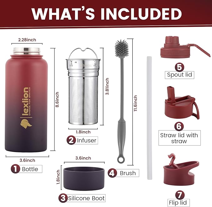 Lexlion 32 Oz Triple Walled Insulated Stainless Steel Fruit Infuser Water Bottle, 100% Leakproof, 3 Lids, Infuser, Silicone Sleeve, Metal Mug Gallon