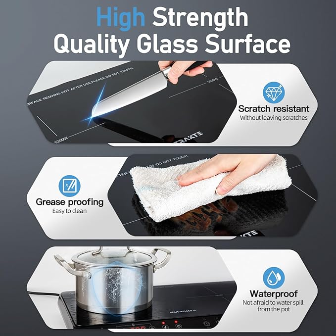 Double Induction Cooktop, ULTRAKTE Portable Dual Countertop Burner with Sensor Touch, 1800W Induction Cooktop 2 Burner, Electric Countertop Cooker with 10 Temp & Power Levels, 8-Hour Timer,Safety Lock
