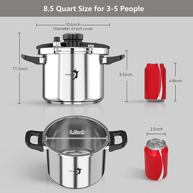 TIBORANG 8.5 QT Stainless Steel Pressure Cooker, [Multi-Cooker for Gas & Induction Stove] [Saves 70% Cooking Time] [One-Hand Operation], Family Size for 3-5 People, Olla de Presion