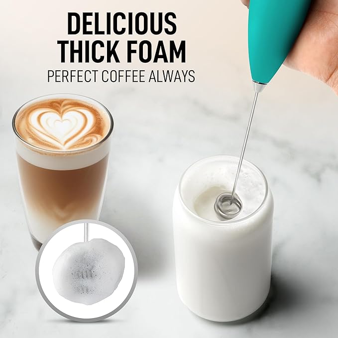 Zulay Kitchen Powerful Double Whisk Milk Frother Handheld - Foam Maker With Stand - Whisk Drink Mixer for Coffee, Mini Foamer for Latte, Matcha, Frappe, Hot Chocolate & Cappuccino (Caribbean Aqua)