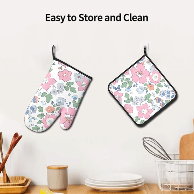 Pink Floral Oven Mitts and Pot Holder Set of 2 Watercolor Flower Heat Resistant BBQ Gloves Hot Pads for Kitchen Baking Cooking Microwave