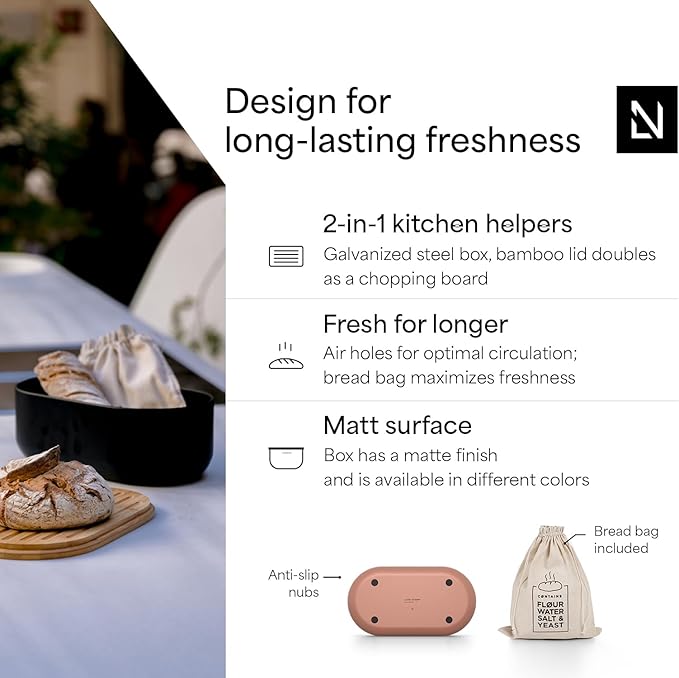 LARS NYSØM Bread Box I Metal Box with linen bag for long lasting freshness I Bread Bin with bamboo lid usable as cutting board I 14.2x7.5x5.1 In (Brick Red)