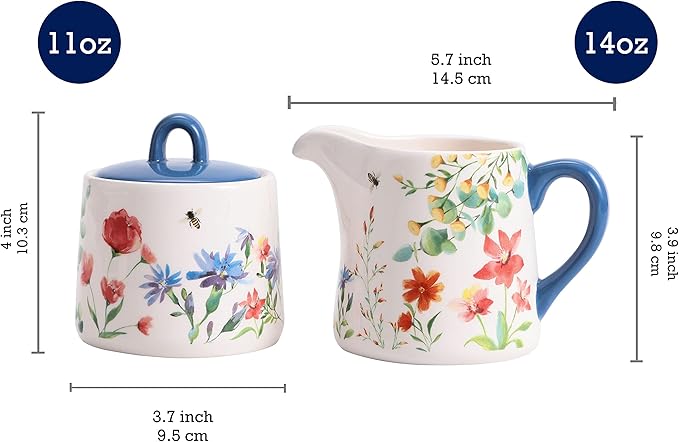 Bico Summer Provence Ceramic Sugar and Creamer Set, Sugar Bowl with Lid, Cute Container for Coffee Bar, Kitchen Countertop Accessories, Microwave and Dishwasher Safe