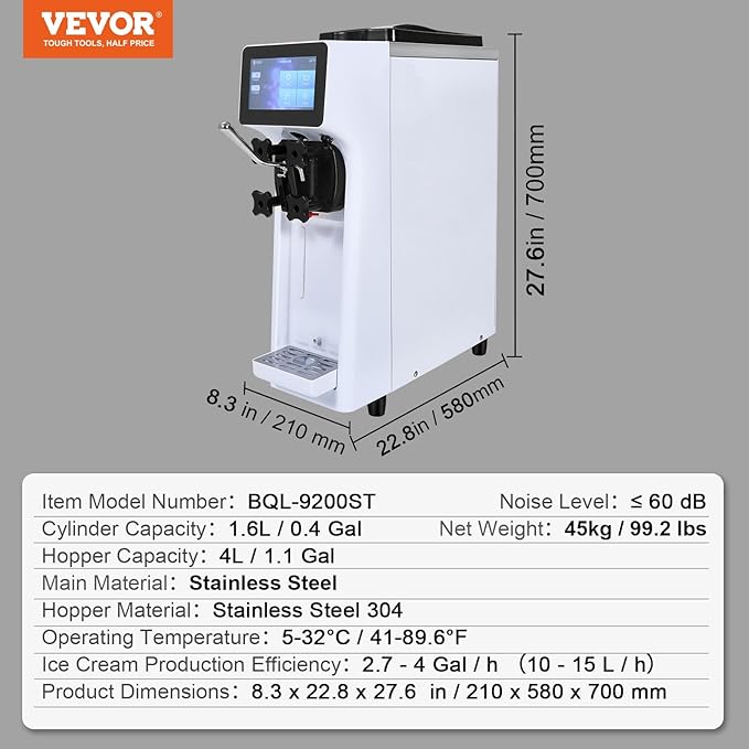 VEVOR Commercial Ice Cream Machine, 10.6 QT/H Yield, 1000W Single Flavor Countertop Soft Serve Ice Cream Maker, 4L Hopper 1.6L Cylinder, Touch Screen Auto Clean Pre-cooling, for Restaurant Snack Bar